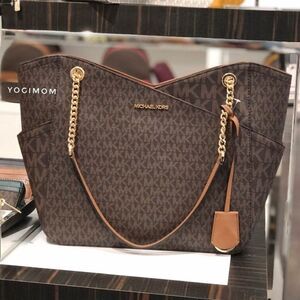 MICHAEL KORS Jet Set Travel Logo Large Chain Shoulder Tote MK Brown Satchel